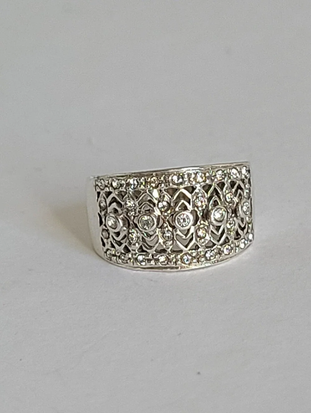 Elegant Sterling Silver CZ Rhinestone Crystal Filigree Chunky Wide Band Ring 6 - Picture 7 of 15